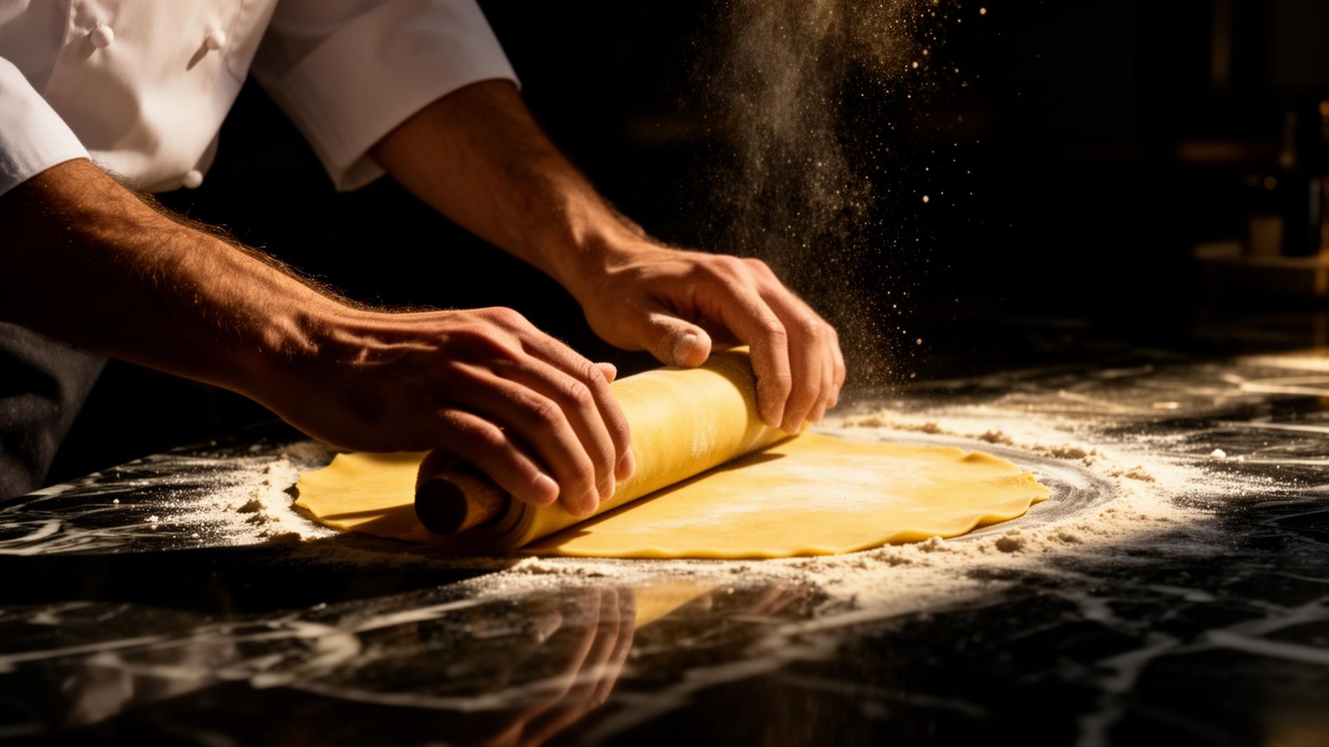 Chef hand-rolling fresh pasta on dark marble