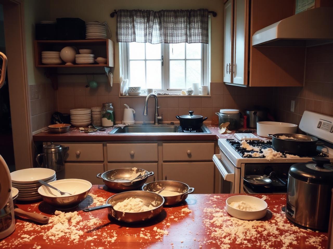 Typical kitchen after cooking — pans and dishes