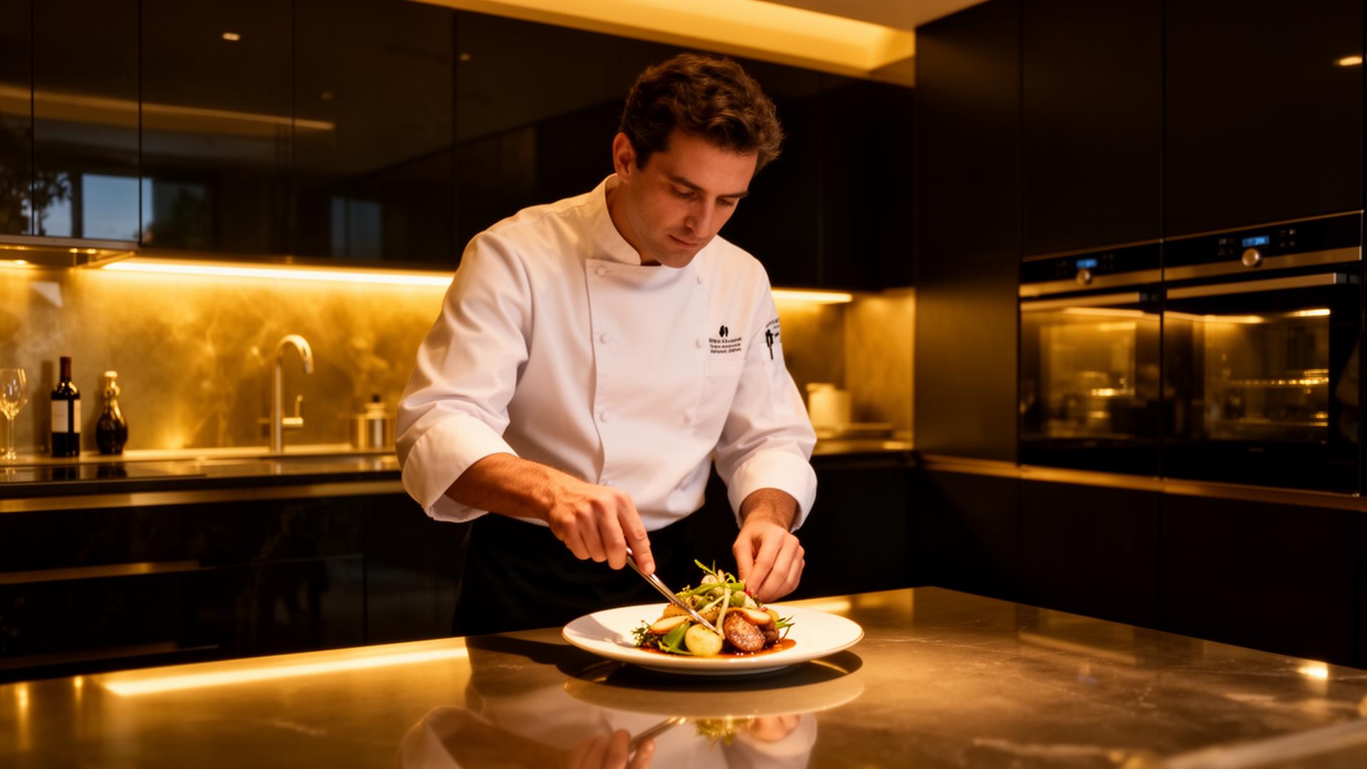 Private chef plating in a dark luxury kitchen